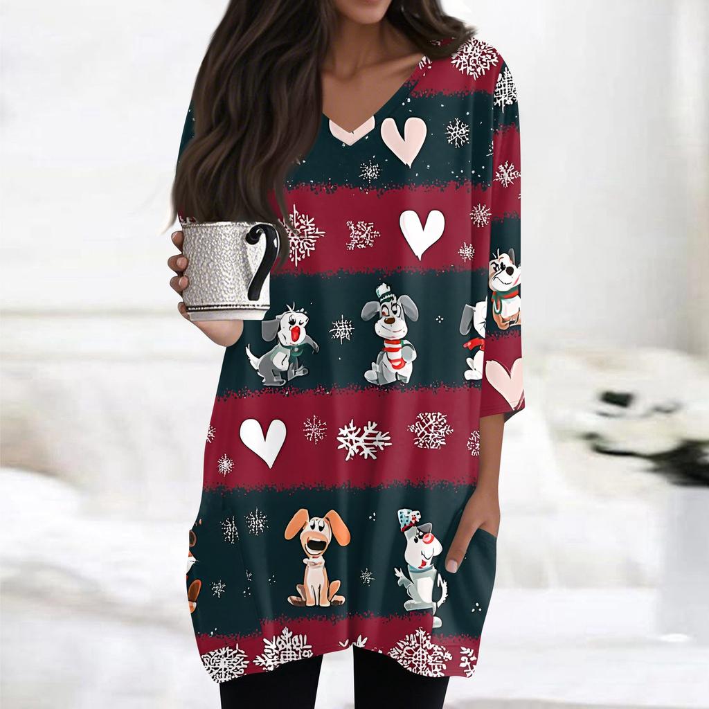 Женские топы с V-образным вырезом и рукавом 3/4, повседневные блузки средней длины, модные туники с рождественским принтом и карманами