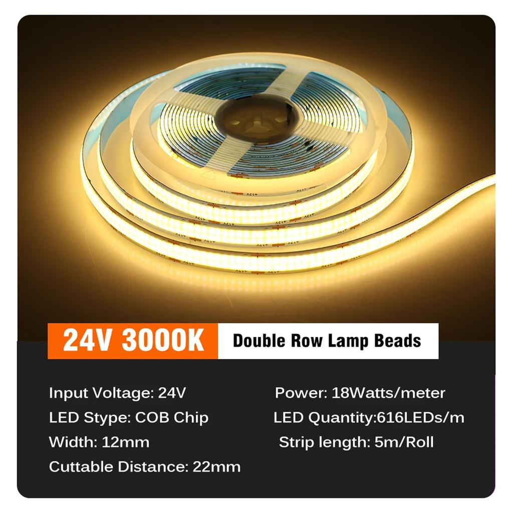 COB LED Lights Strip DC12V/24V High Brightness Flexible FOB LED Tape Double Row 624LEDs/m RA90 3000K 4000K 6000K Dimmable Strip