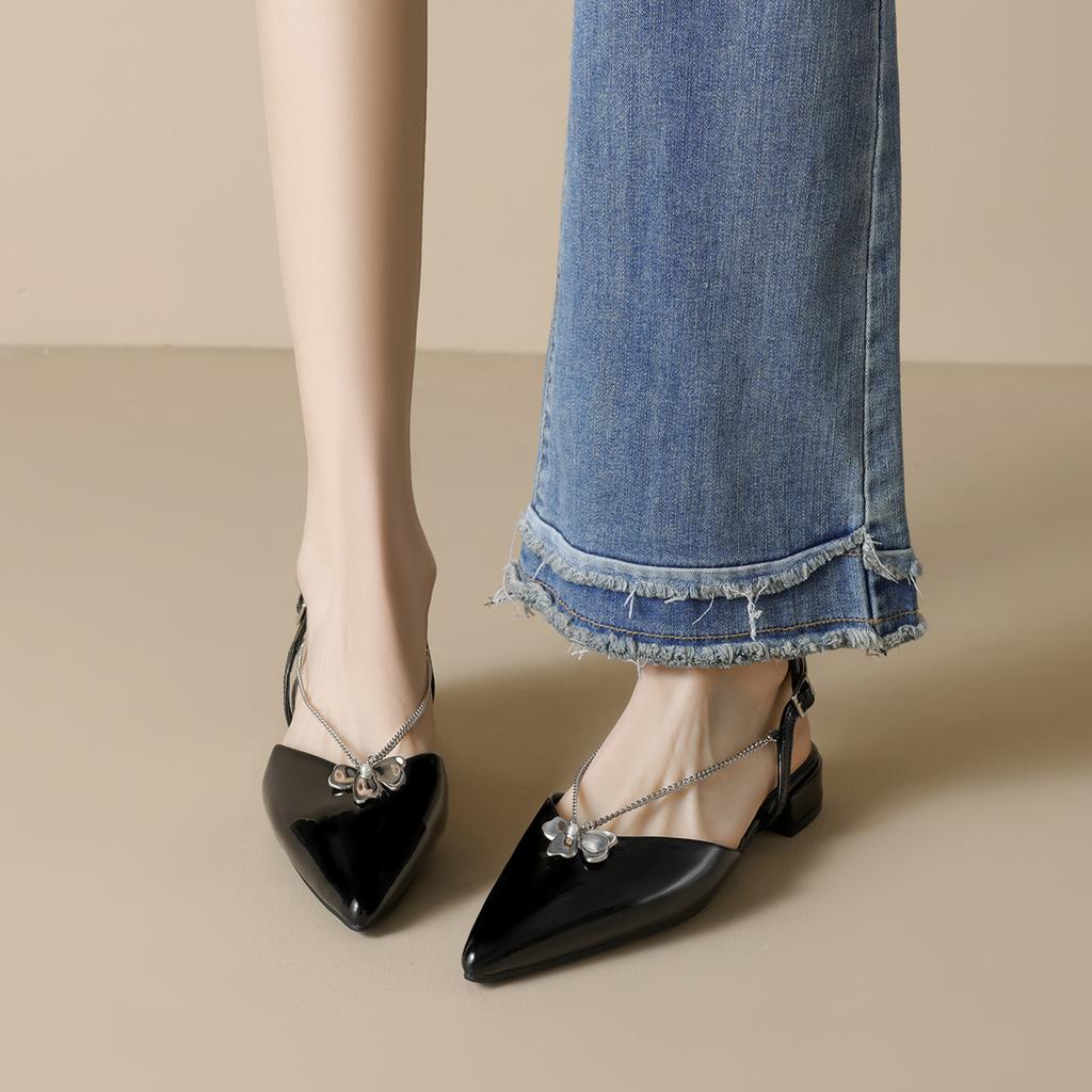 Босоножки Баотоу женские плоские цепочка с юбкой темпераментные остроносые одинарные туфли