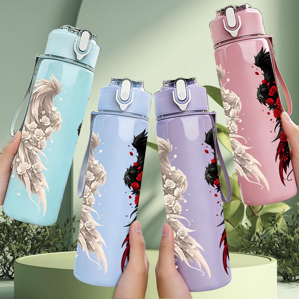 1PC Black Red Angel Wing 750ml Color Plastic Sports Water Bottle Leakproof Flip Straw Lid Suitable for Sports Office Home Use
