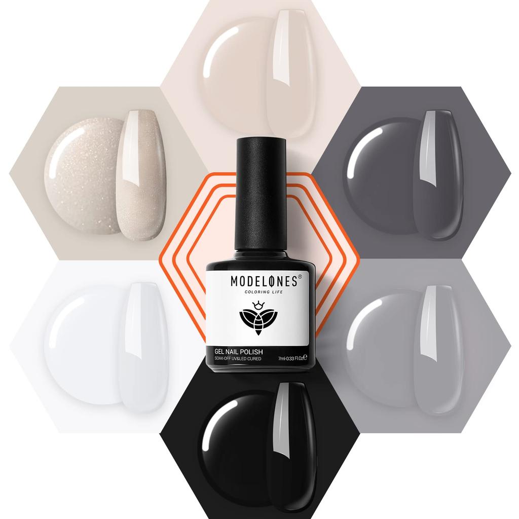 Modelones Gel Nail Polish Set, 6 Color Gels in White, Black, Gray, and More, Perfect for Beginners and Beginners, Black and White