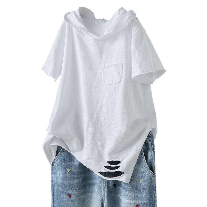 Хлопковая футболка с капюшоном, женская летняя стильная футболка с карманом и принтом, свободный белый повседневный топ с короткими рукавами и отверстиями Y2k