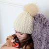 Мягкая вязаная детская зимняя шапка с меховым помпоном, однотонная теплая детская шапка-бини
