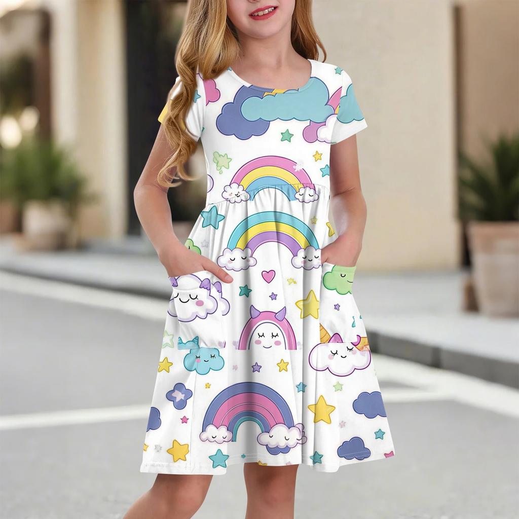 Детская юбка с круглым вырезом и коротким рукавом, платье принцессы, модное повседневное платье с карманами для девочек