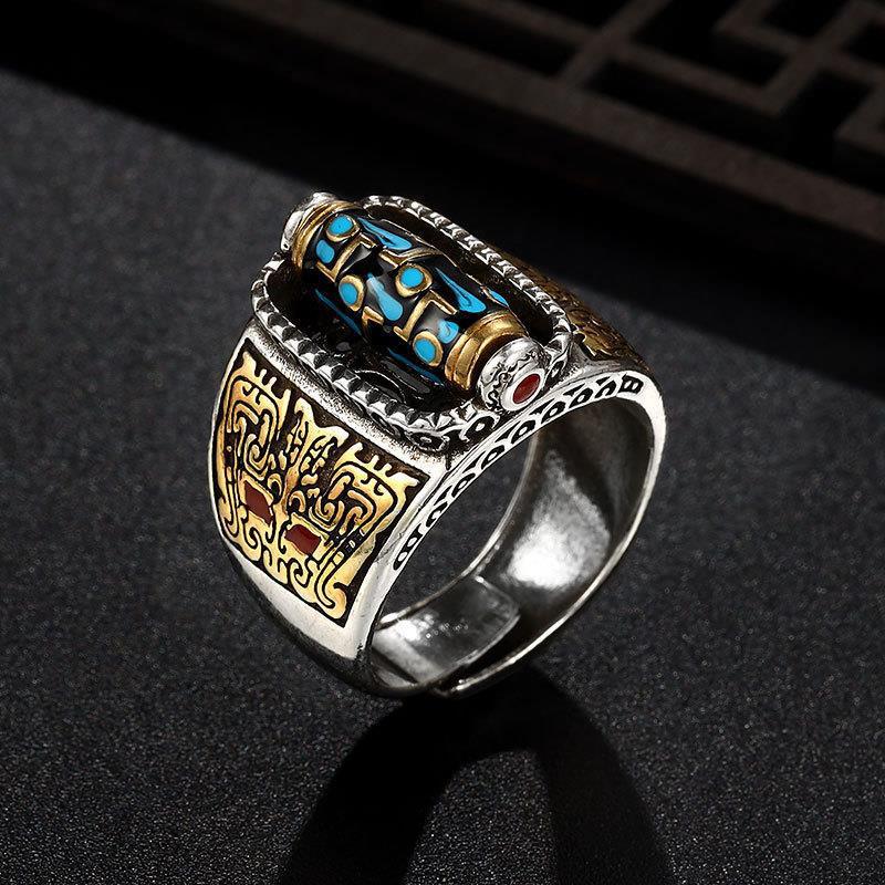 High-end Nine-eye Dzi Bead Transfer Ring Men's Trendy Ins Sterling Silver Braided Open Couple Ring