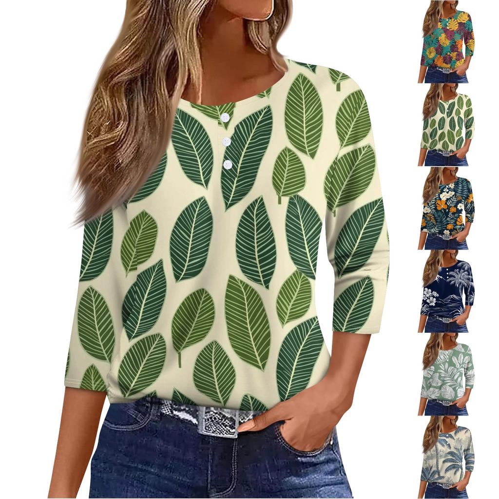 Women's T Shirt Tee Print Button 3/4 SleeveDaily Weekend Fashion Basic V- Neck Regular Top