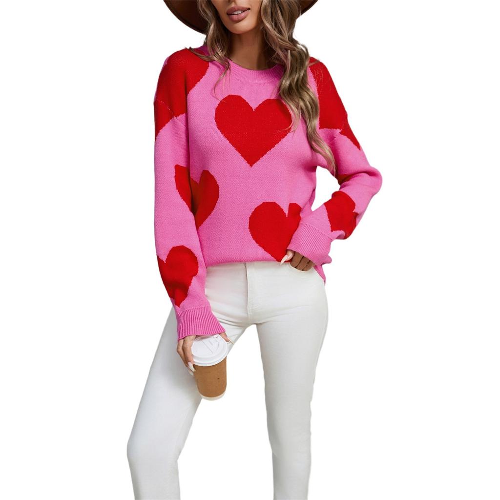 Женский свободный повседневный модный свитер с круглым вырезом и сердечком, вязаный свитер-рубашка