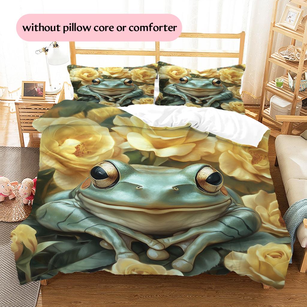 Frog and Flowers Pattern Bedding Home Decoration Birthday Gift (1 * duvet cover + 2 * pillowcase, without core)