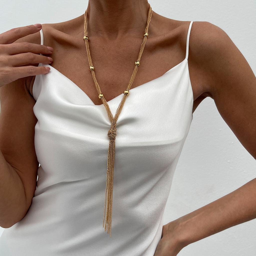 Simple Y-shaped Metal Tassel Plain Chain Necklace Cold Wind Multi-layer CCB Beads Collarbone Chain High Fashion Sense Party Commuter Women's Necklace