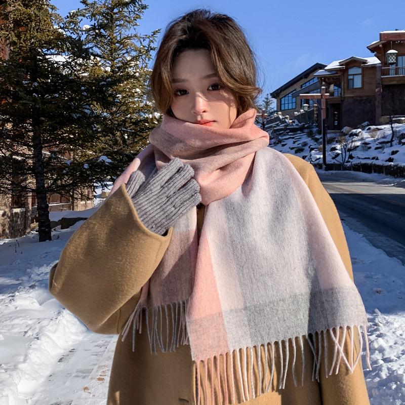 Pink Pure Wool Scarf Women's Winter New Atmosphere Plaid Cashmere Scarf for Girlfriend's Birthday Gift