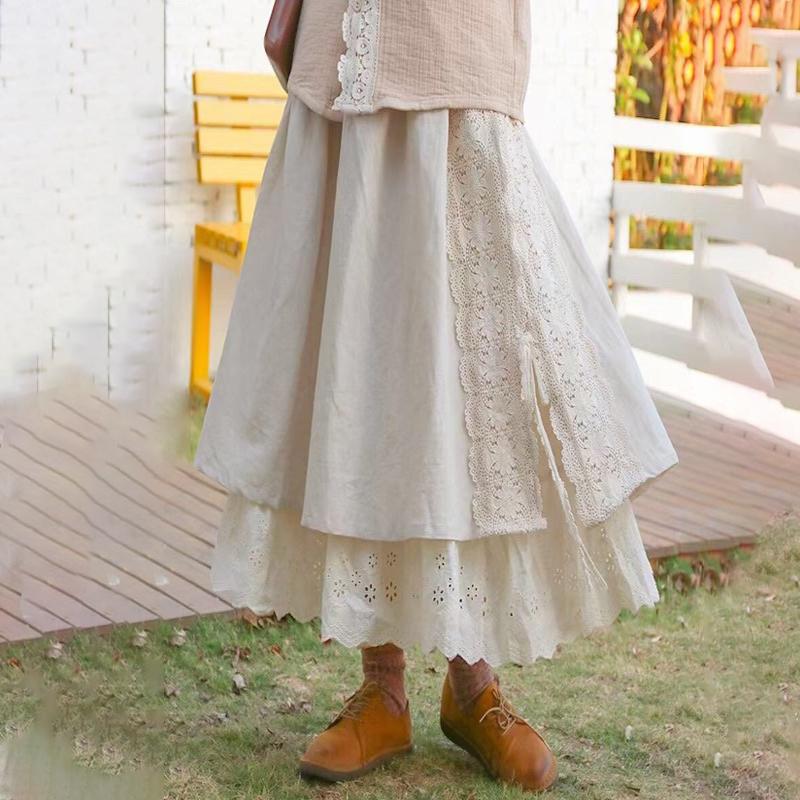 Vintage Mori Cotton Linen Patchwork Lace Skirt Spring All Match Elastic Waist Japanese A-Linen Women Skirts