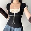 Women's Street Fashion Style Winter Clashing Colour Splicing Lace Square Neck Tie Fresh Sweet Top