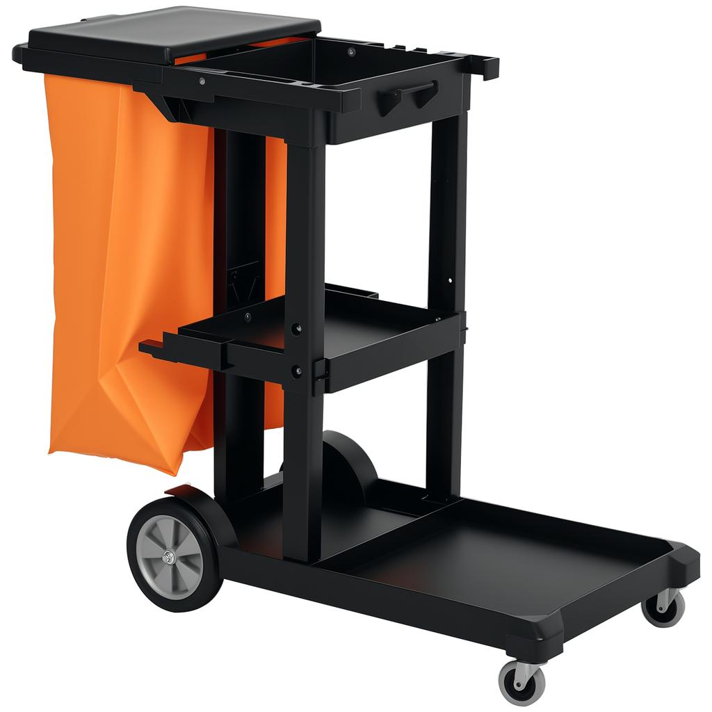 Cleaning Cart Janitorial Cart with 3 Shelf Compartments Mopping Cart with Trash Bag with Cover, Casters for Commercial Use