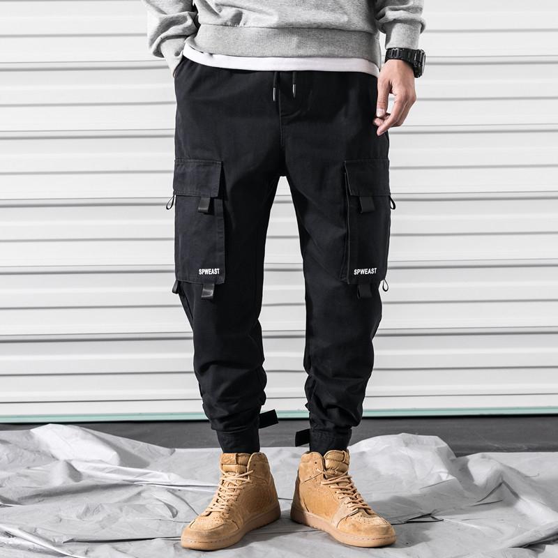 Уличная одежда, черные мужские шаровары для бега, мужские брюки-карго в стиле хип-хоп, повседневные спортивные штаны с карманами, мужские брюки большого размера