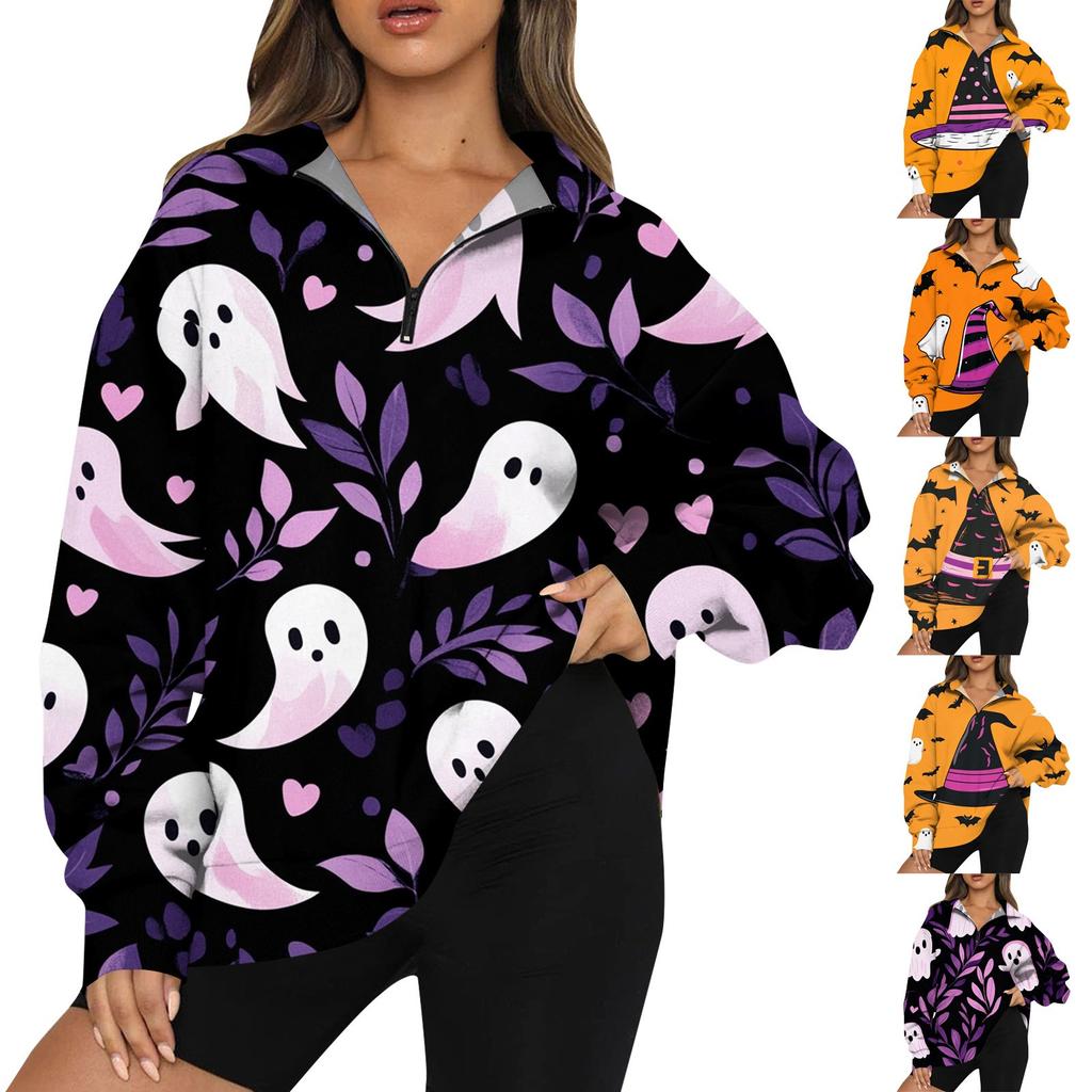 Женская мода повседневная толстовка с длинным рукавом и принтом на молнии с высоким воротом и заниженными плечами