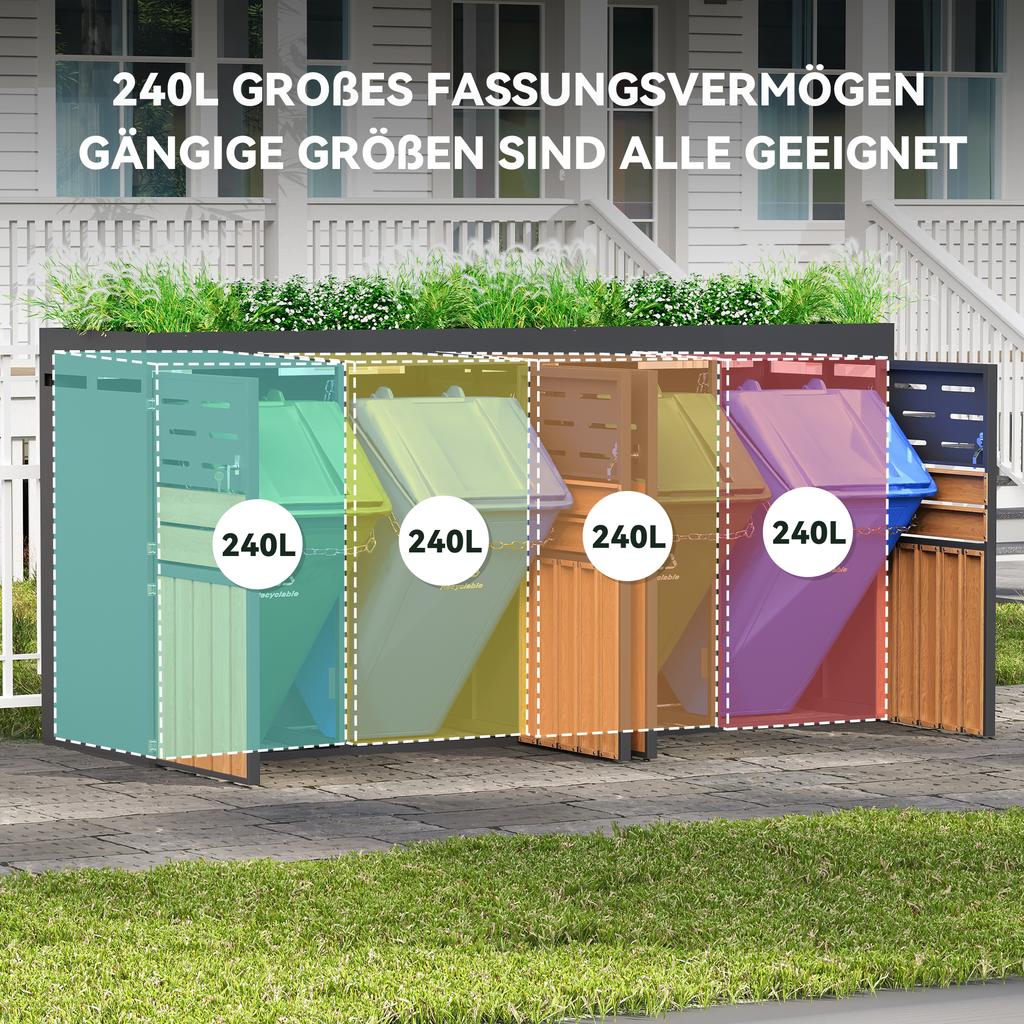 Multifunctional Outdoor Cabinet with Planter Box, Four Compartments, Galvanized Steel Frame – for Storage & Garden Decoration (without Waste Bin)