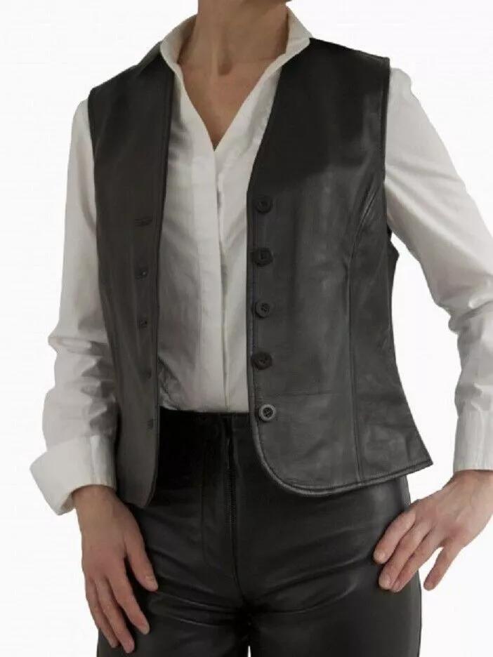 Waistcoat Button Vest Coat Classic Women Genuine Handmade Lambskin Leather Black Western