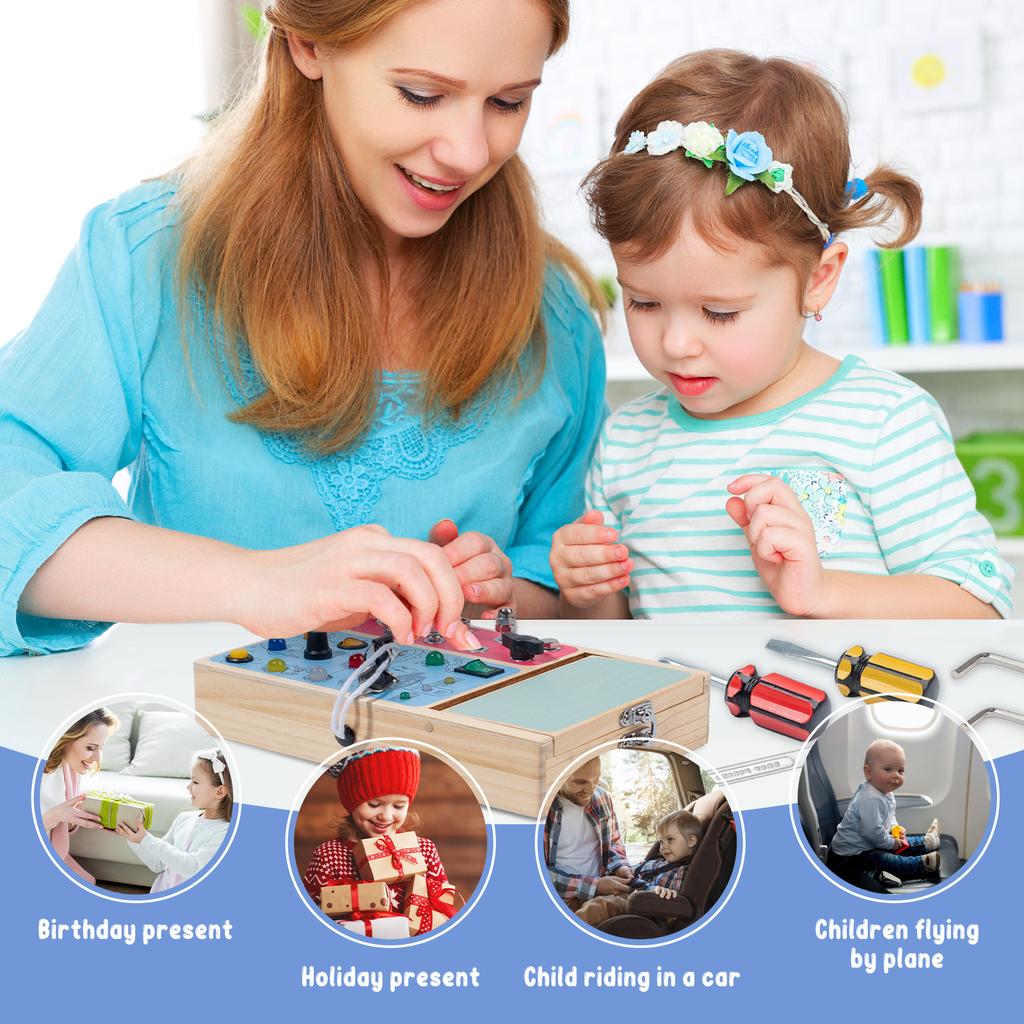 Montessori Wooden Busy Board with LED Light Switches, Sensory Toys Light Switch Fidget Board Travel Toys for Toddler