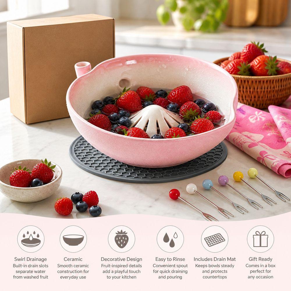 Rinse Swirl Colander Bowl Built-In Drain Slots Berry Bowl Ceramic Colander Bowl Fruit Washing