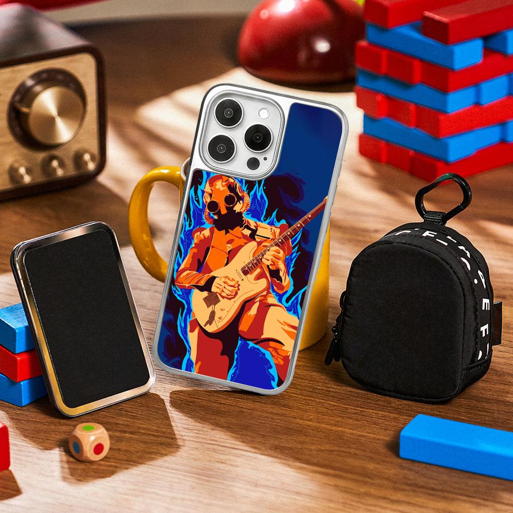 Cool guitarist Swiss poster pattern Phone Case for iPhone 16 15 14 13 12 11 Pro Max Sheepskin Silver-edged protective case