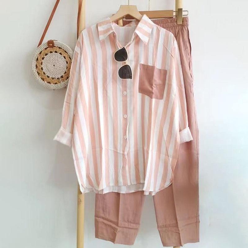 Women'sSummer Fashion Shirt Suit Loose Slim Comfortable Casual Striped Two-piece Set 2 Piece Set Women