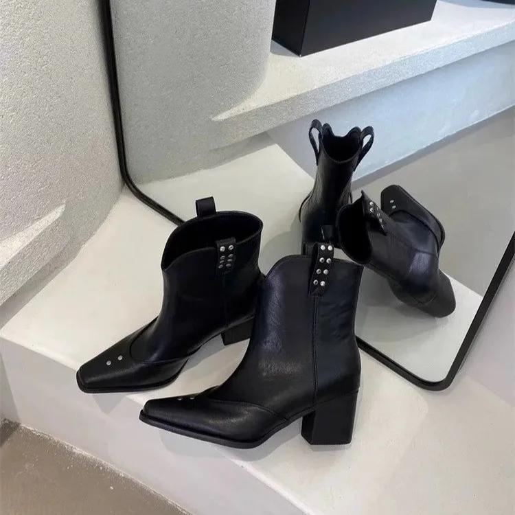 Женские зимние винтажные сапоги в ковбойском стиле, модные туфли с острым носком и длинными каблуками, элегантные женские туфли со съемными каблуками