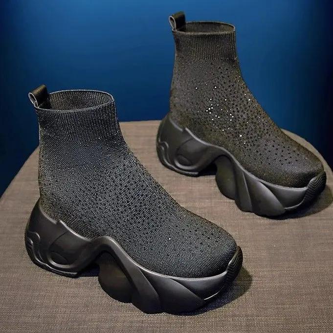 Вязаные носки, сапоги для женщин, осень 2024 г., новые толстые подошвы со стразами, летающие вязаные туфли, повседневные сапоги с внутренней эластичной резинкой