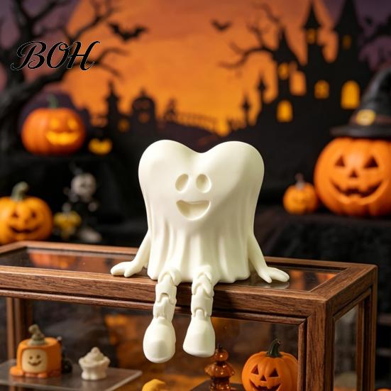 Desktop Halloween Decorations 3D Printed Heart-Shaped Ghost Figurine with Movable Joints, Sitting Dangling Leg Home Decor Statue, Matte White