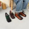 Johnature Genuine Leather Square Toe Retro Short Boots Lace Up Flat Bottom Women's Shoes