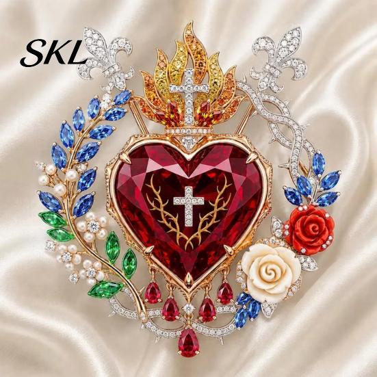 Religious Jewelry 1/2Pcs Radiant Sacred Heart Floral Faux Gemstone Brooch, Christian Pin for Women, Vintage Style Symbol Pin, Coat Dress Scarf,