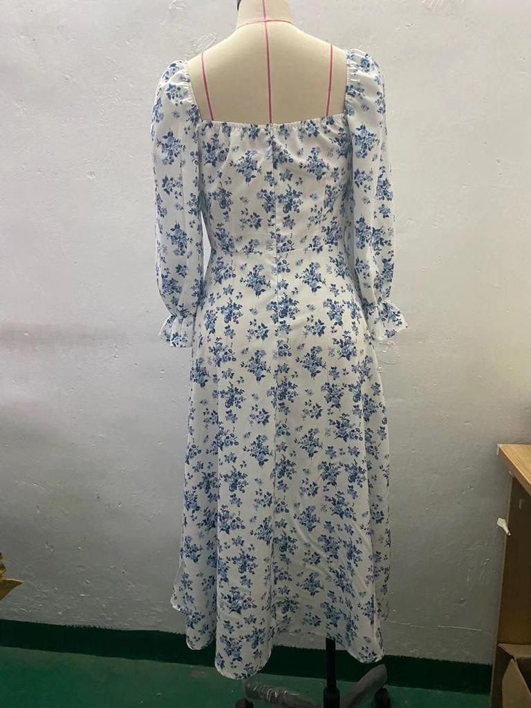 Весна 2024 г. Женское платье с принтом, длинными рукавами, квадратным воротником и разрезом в европейском и американском стиле