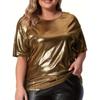 Женский топ большого размера с коротким рукавом, круглый вырез, короткий рукав, свободный, золотой, с блестками, короткий рукав