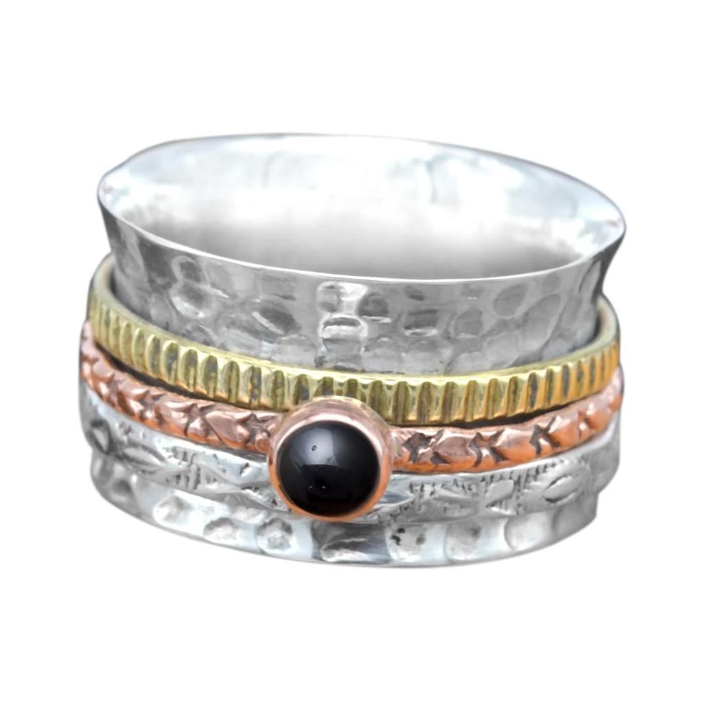Sterling Silver Copper Brass Ring Round Cabochon Solid Sprinner Stone Ring Natural Black Onyx Gemstone 6.5 Gms