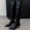 Ботфорты для женщин, большой обхват голенища, 2025 осень-зима, новая замшевая модель с острым носком, тонким высоким каблуком, плиссированные ботинки-чулки