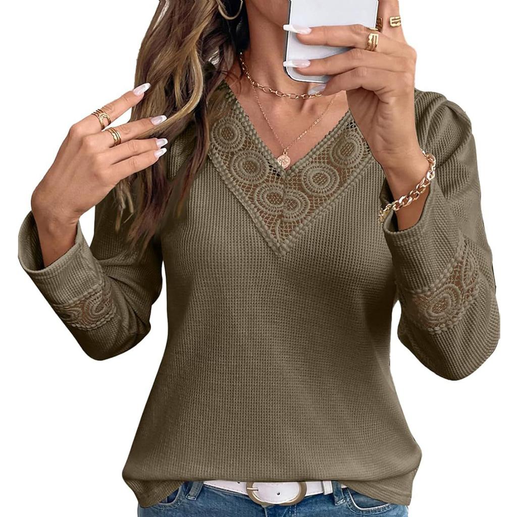 Women's Casual V-Neck Hollow Solid Color Long Sleeve Top