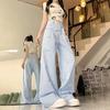 Летние синие полосатые брюки кэжуал с вышивкой и бантом - Дизайнерские свободные легкие брюки с широкими штанинами и отделкой пуговицами
