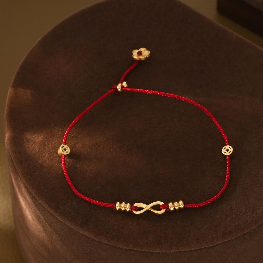 Vintage Red String Bracelet with Mobius & Lucky Fortune Coin Charm, Handmade Braided Rope Charm Bracelet for Good Luck