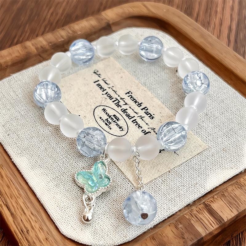 Корейский розовый кристальный браслет с подвеской в виде цветов и бабочки из бисера для женщин, милый браслет-цепочка из бусин, ювелирные изделия в подарок для девушки