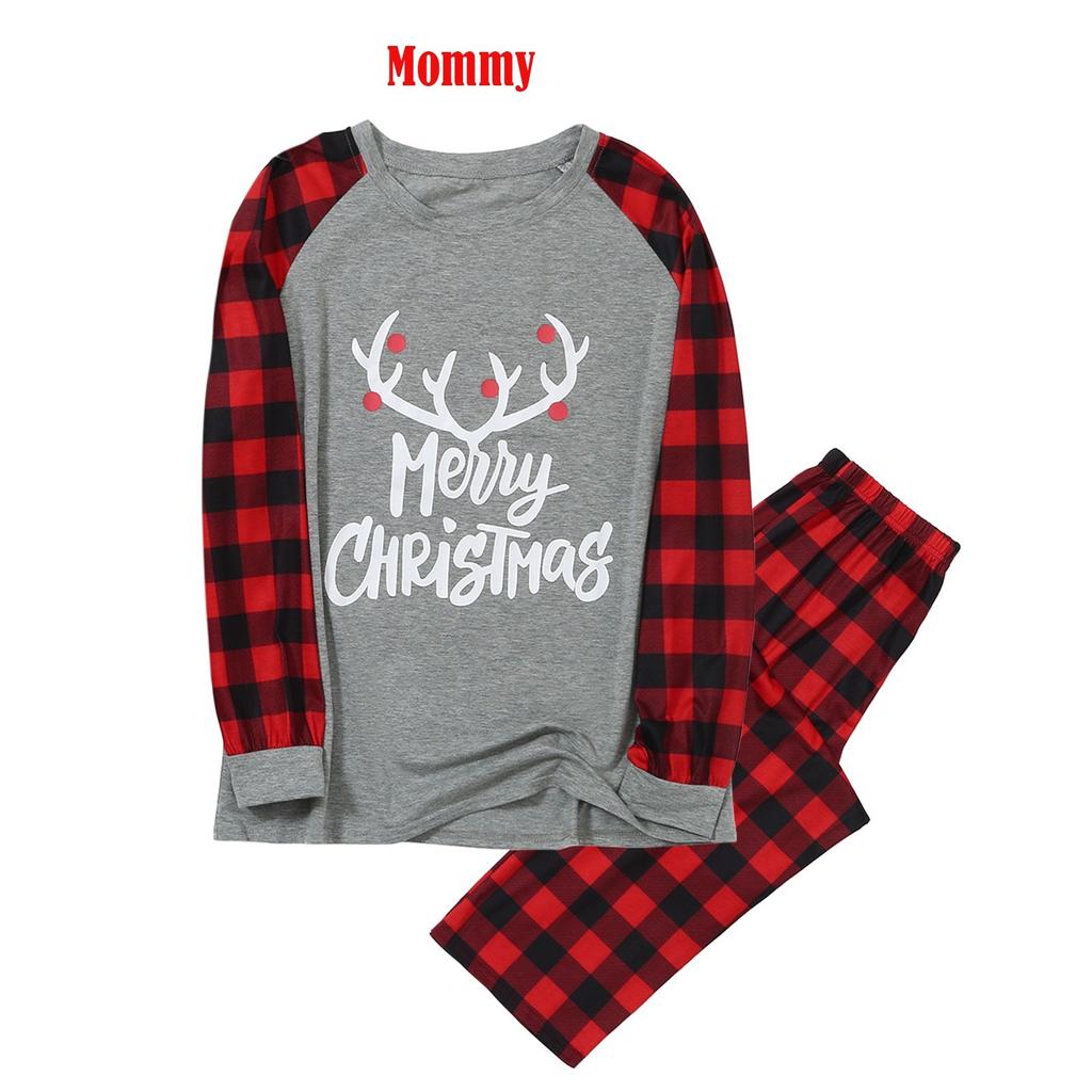 Christmas Women Mom Letter Plaid Print Top Blouse+Pants Family Clothes Pajamas