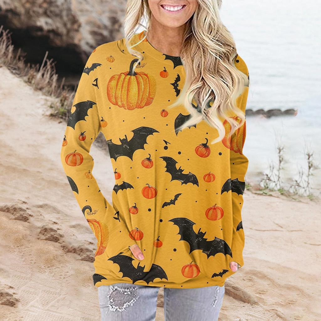 Женская модная повседневная футболка с круглым вырезом и принтом, длинными рукавами и карманами