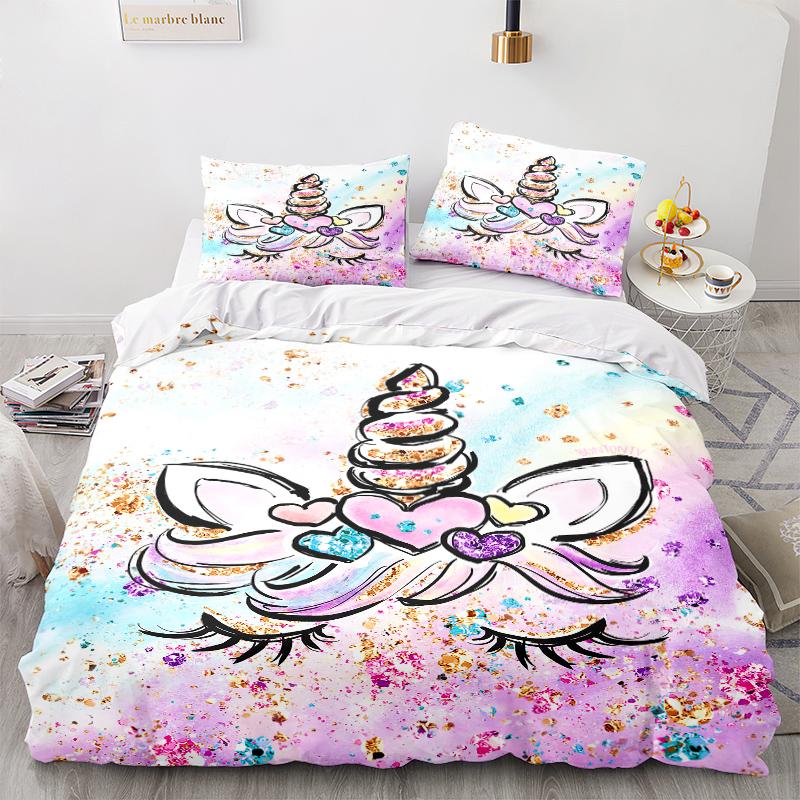 Комплект постельного белья серии 3D Единорог с мультяшными животными, пододеяльник и наволочка, 2/3 предмета, милое животное для комнаты для девочек, мягкое украшение для дома, которое можно стирать в машине