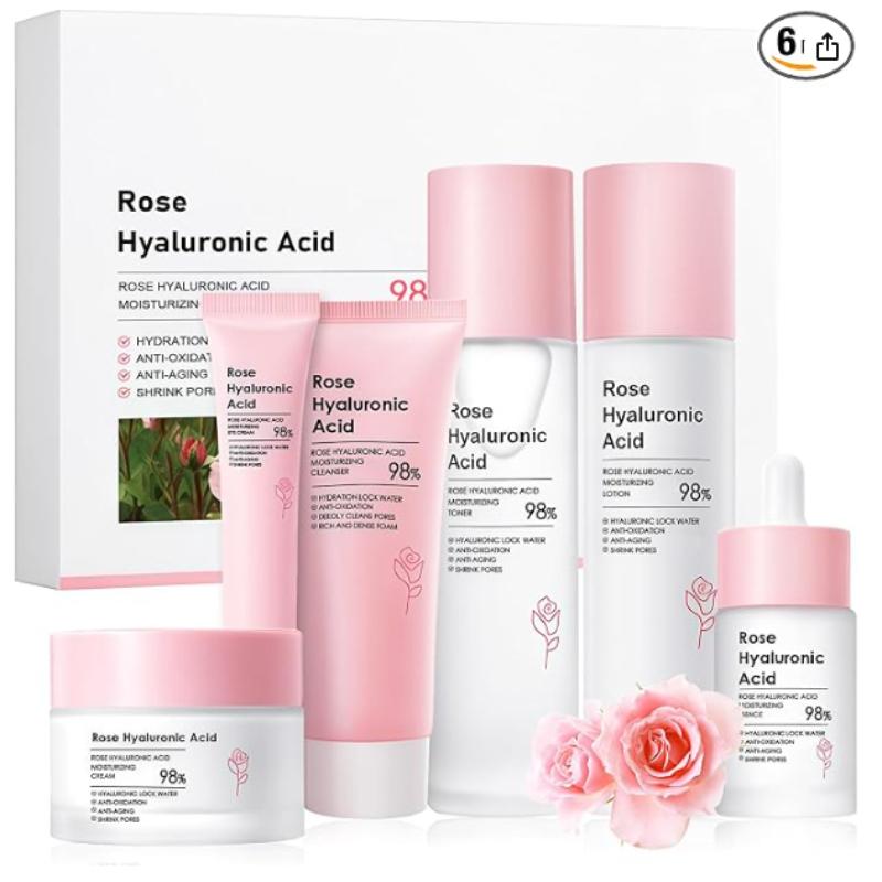 Rose Hyaluronic Acid Skincare Set for Women, Facial Moisturizing Beauty Kit for Daily Care & Holiday Gift