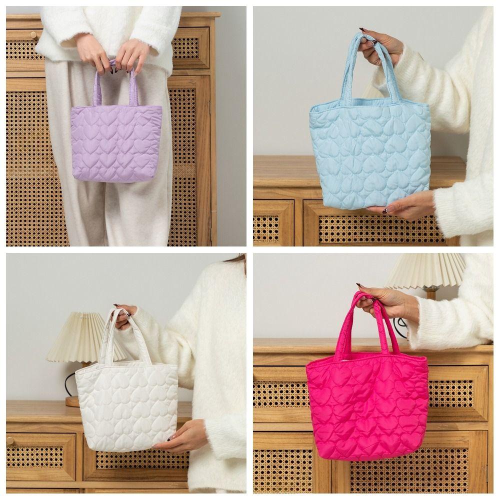 Solid Color Quilted Love Handbag Korean Lovely Lunch Bag Japanese Puffer Tote Bag  Travel