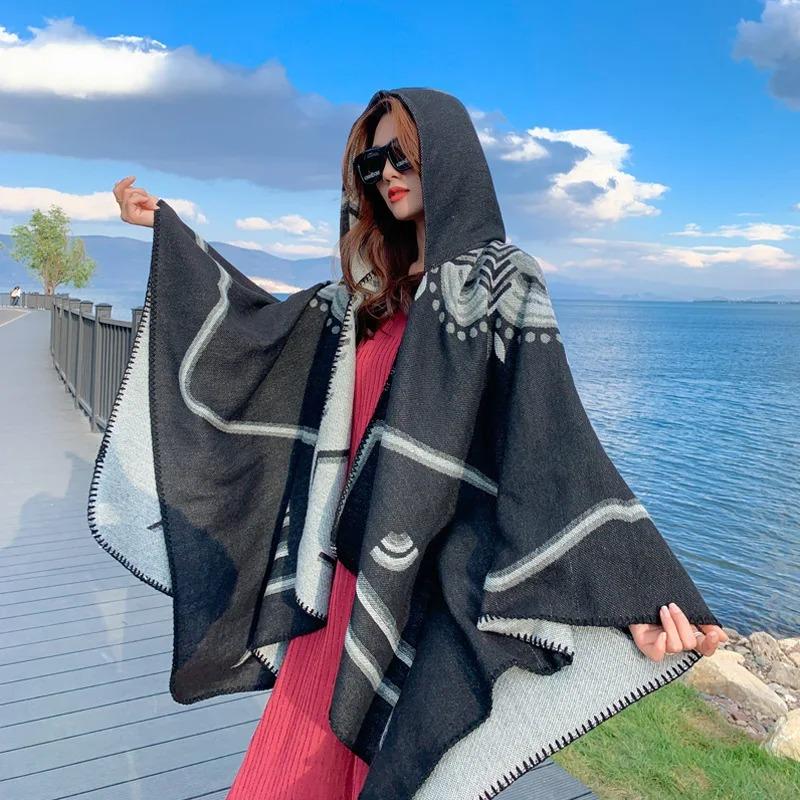 21 Style Big Pendulum Cloak With Hat Arabic Poncho Women Leopard Pocket Shawl Cape Knitted Middle East Split Thick Warm Blanket
