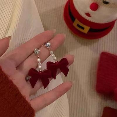 Серьги-бантики из красной флокированной ткани, темпераментные серьги с длинными бахромой в виде сладких цветов
