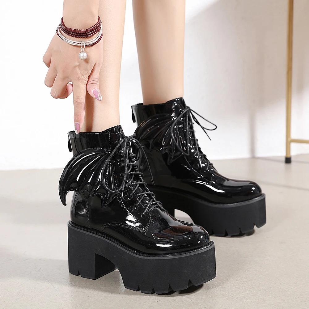 Fashion Comemore Women's Boots Black Back Zipper Chunky Heel Boots Goth Style Lace Up Solid Color Platform Short Botas for Women Fashion
