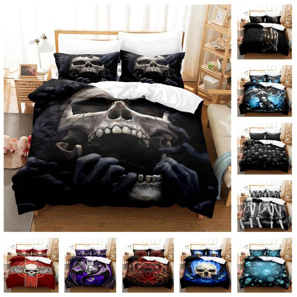 3D Printed Skull Head Bedding Set Halloween Themed Down Duvet Cover Pillowcases, 2/3 Pieces, Boys Room Horror Pattern Quilt Cover