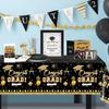 3 Pack Graduation Tablecloth Decorations,54x128inch Black Gold Congrats Grad Disposable Plastic Waterproof Rectangular Table Cloth Cover Decor for