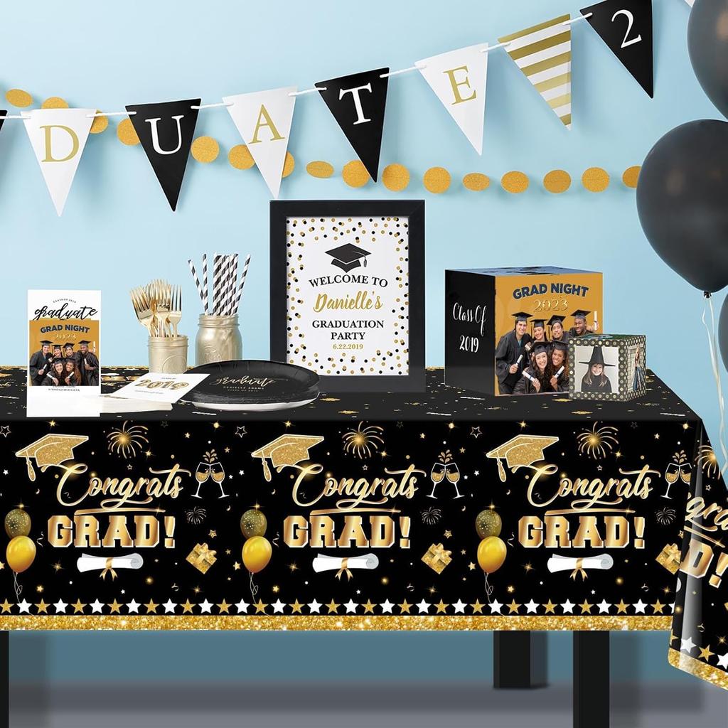 3 Pack Graduation Tablecloth Decorations,54x128inch Black Gold Congrats Grad Disposable Plastic Waterproof Rectangular Table Cloth Cover Decor for