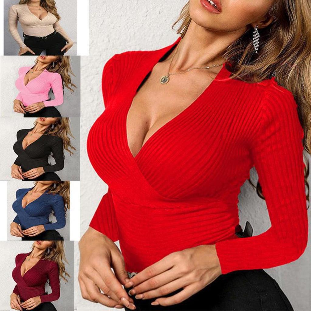 Spring V Neck Knit Slim Long Sleeve T-Shirt for Women, Casual Womens Tops, European American Style Ladies Clothing